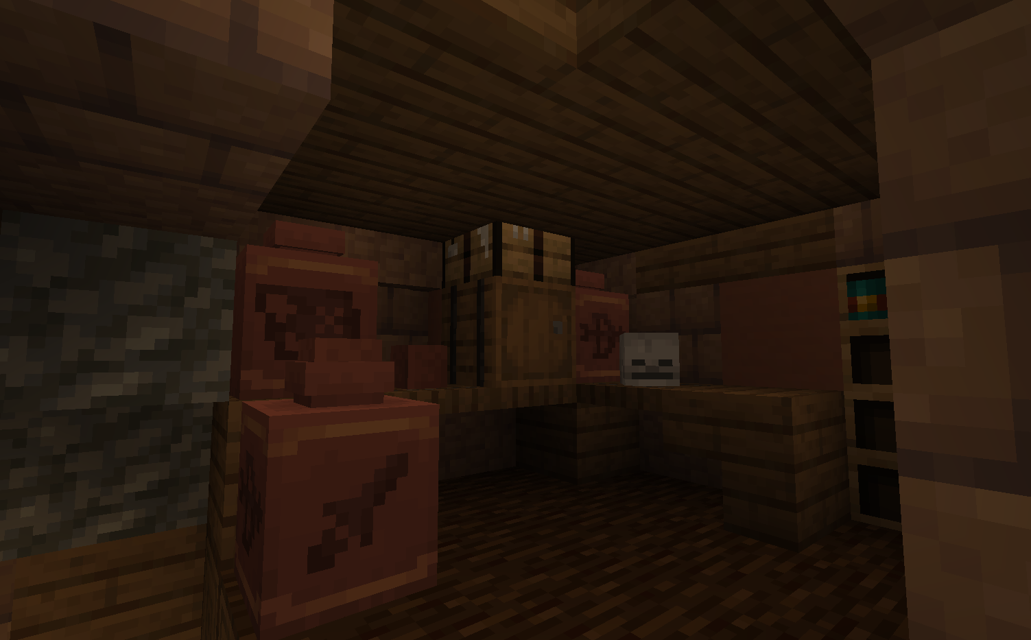 A gloomy cellar of mud brick walls with storage vases